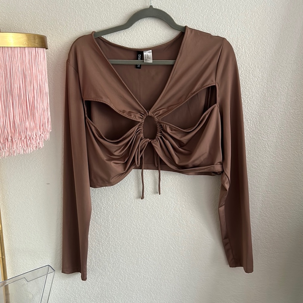 Brown loop tie front shirt